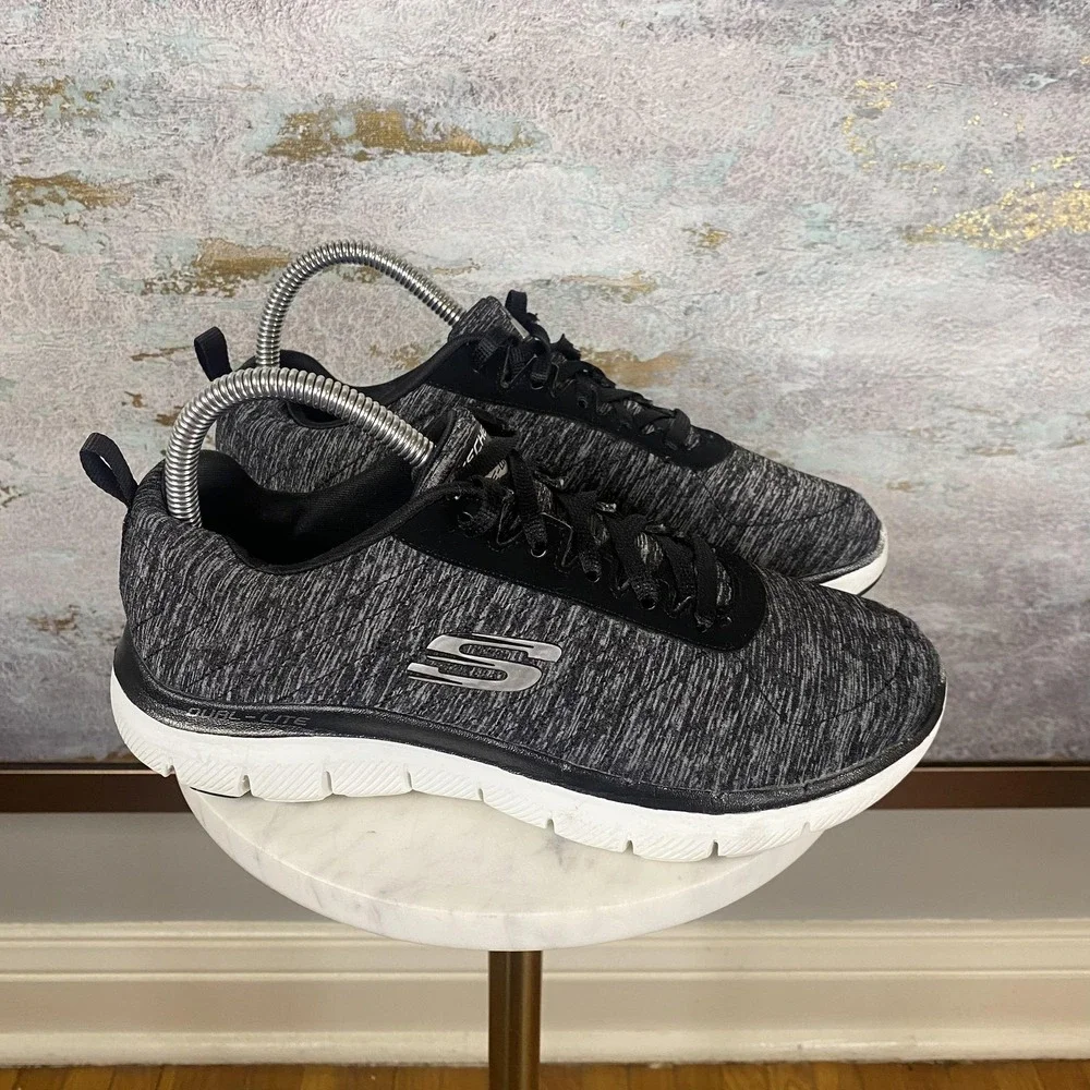 Skechers Dual-Lite Shoes Womens Size 7.5 Black Knit Walking Sneakers SN 12713